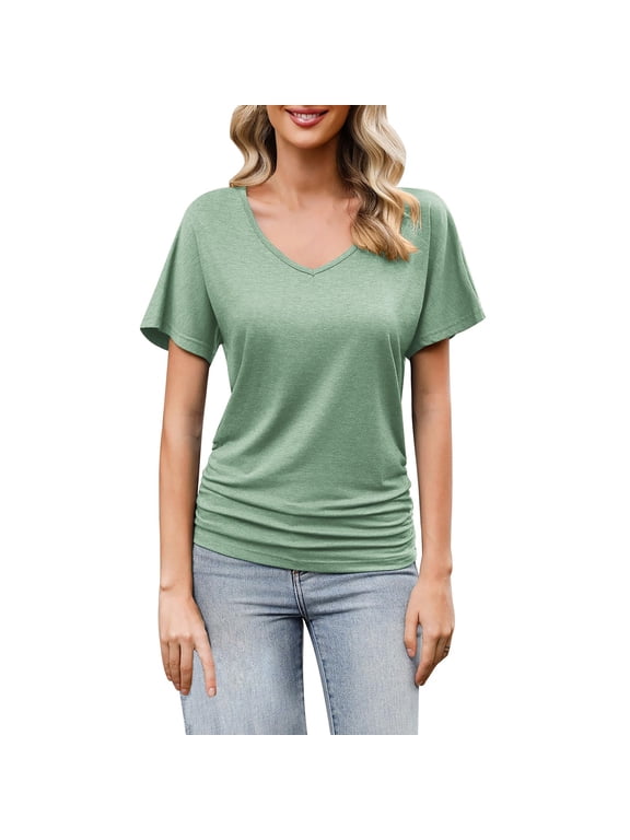 Womens Tops V Neck Tunic Tops Short Sleeve Ruched Blouse Shirts Loose Fit Shirts Casual Fashion Summer Tops Tshirt