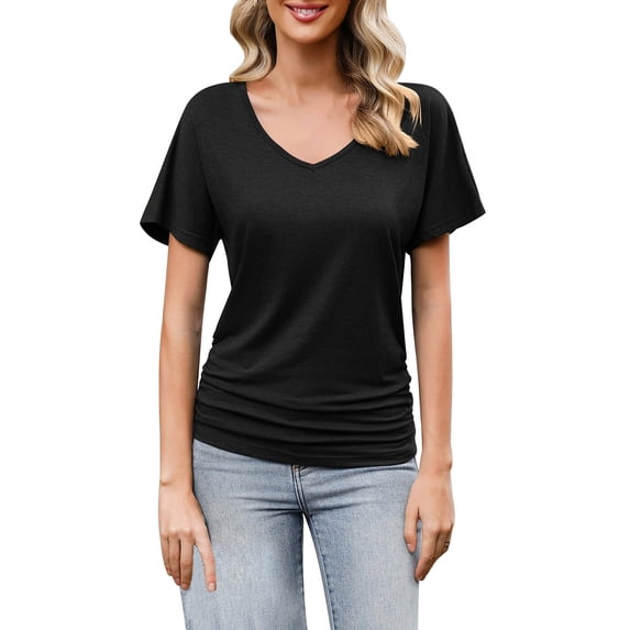 Womens Tops V Neck Tunic Tops Short Sleeve Ruched Blouse Shirts Loose Fit Shirts Casual Fashion Summer Tops Tshirt