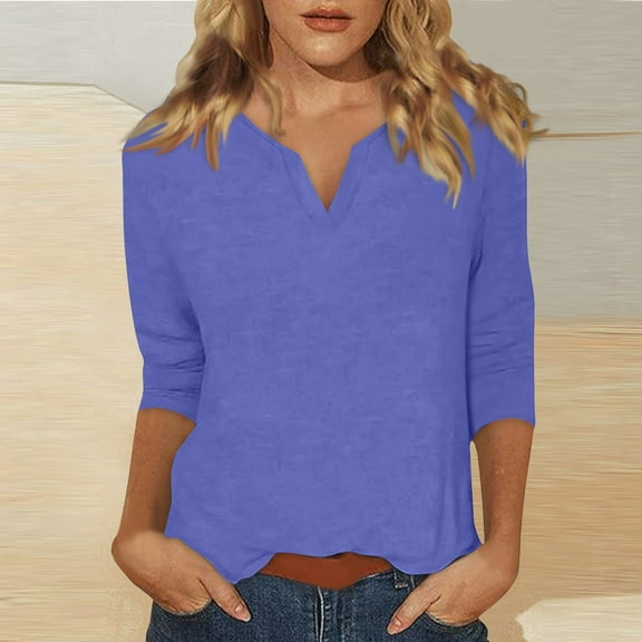 Kagetolytai Womens Tops Women's V+ Round-neck 3/4 Sleeve Solid Color Top Summer Tops for Women 2024 Purple M