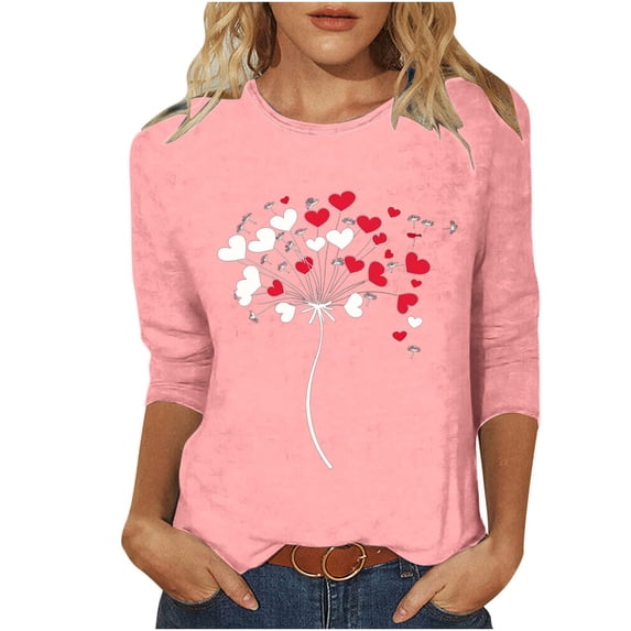 Womens Tops Valentine Day Heart Printed 3/4 Sleeve Crewneck Lightweight Casual Tee Tops Ladies T-Shirts