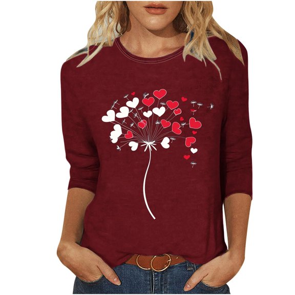 Womens Tops Valentine Day Heart Printed 3/4 Sleeve Crewneck Lightweight Casual Tee Tops Ladies T-Shirts