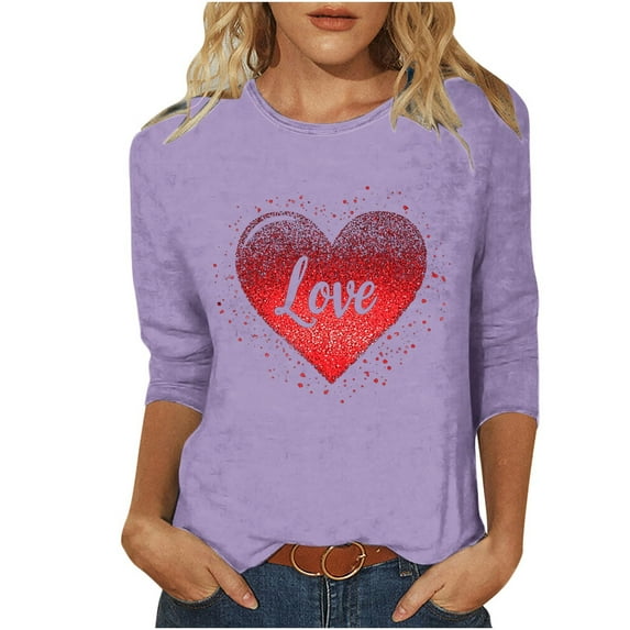 Womens Tops Valentine Day Heart Printed 3/4 Sleeve Crewneck Lightweight Casual Tee Tops Ladies T-Shirts
