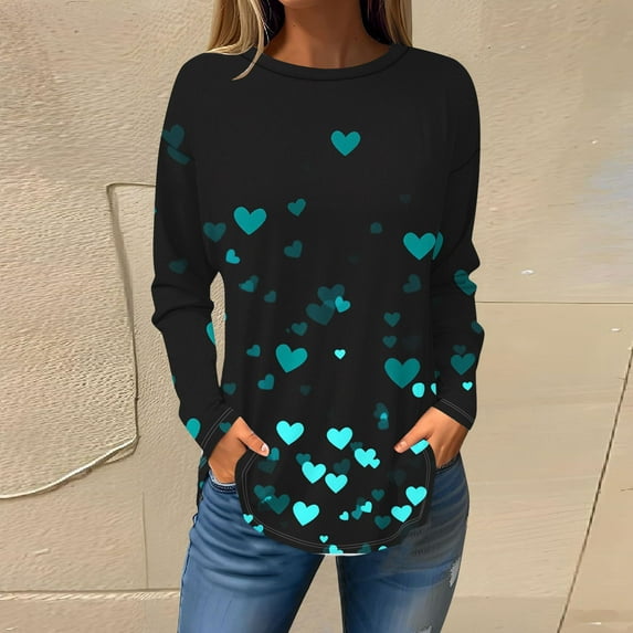 Womens Tops Valentine's Day Long Sleeves Printed Loose Round Neck Casual T-shirt Gifts for Her Black M