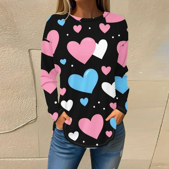 Womens Tops Valentine's Day Long Sleeves Printed Loose Round Neck Casual T-shirt Gifts for Her Blue L