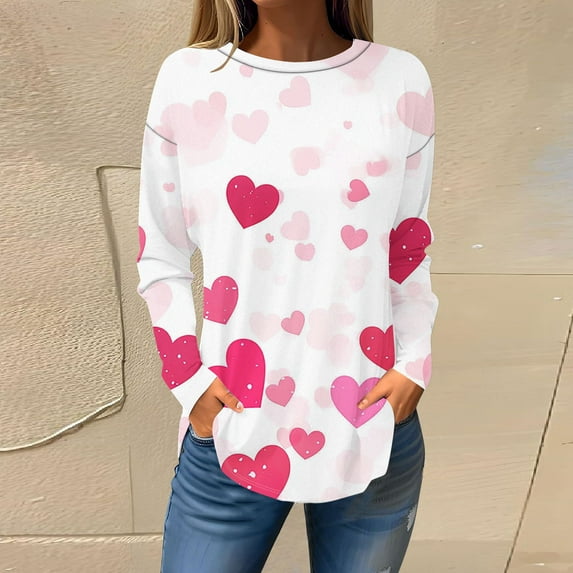 Womens Tops Valentine's Day Long Sleeves Printed Loose Round Neck Casual T-shirt Gifts for Her Pink L