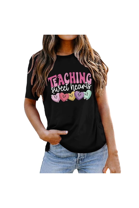 Womens Tops Valentine's Day Tops Retro Candy Heart Sweet Teacher Letter Printed T Shirt Casual Lover Short Sleeve Round Neck Blouse B-Black XL