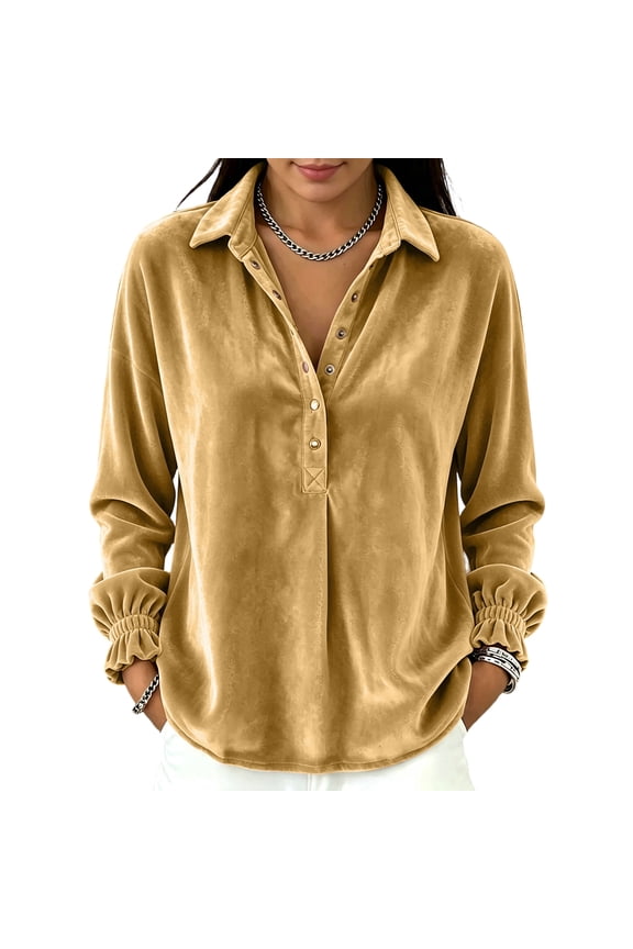 Womens Tops Velvet V-Neck Long Sleeve T-Shirts Button Down Collar Henley Blouse Loose Fit Casual Button Front Tunic Top With Elastic Cuffs S Gold