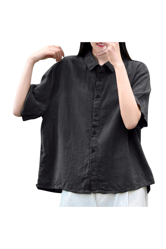 Womens Tops, Vintage Cotton Linen Shirts for Women Short Sleeve Crew Neck Collared T Shirt Loose Fit Lightweight Summer Blouse