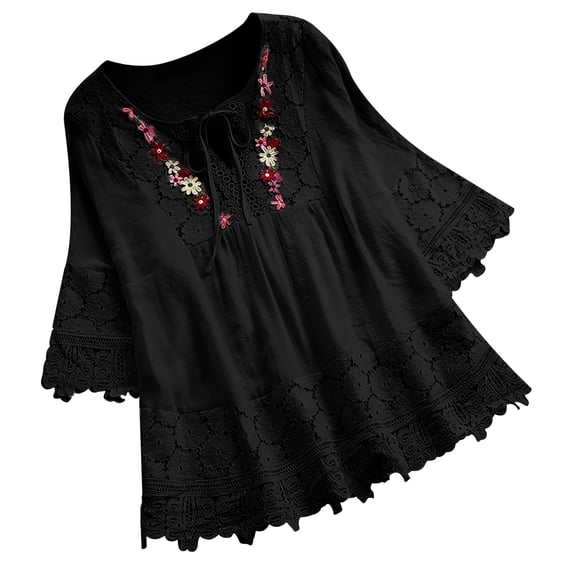 Womens Tops Vintage Lace Patchwork Bow V Neck Three Quarter Sleeve Blouses Cotton And Linen Blend Soft Breathable Casual Daily Wear L Sweaters For Women