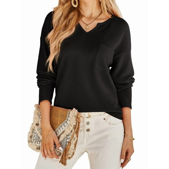 Womens Tops Waffle Knit Long Sleeve Notched V Neck Shirts Casual Trendy Solid Color Loose Blouses Black XXL