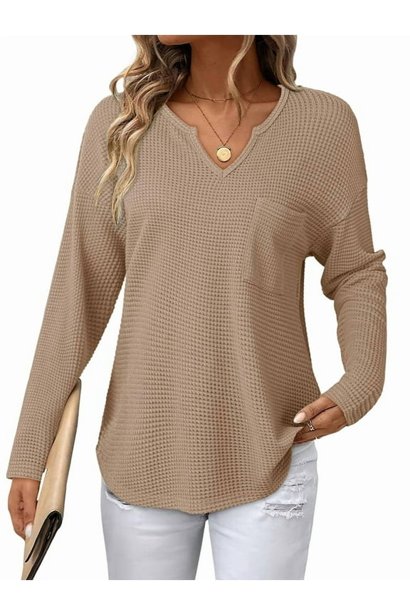 Womens Tops Waffle Knit Long Sleeve Notched V Neck Shirts Casual Trendy Solid Color Loose Blouses Camel L
