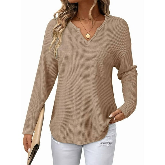 Womens Tops Waffle Knit Long Sleeve Notched V Neck Shirts Casual Trendy Solid Color Loose Blouses Camel M