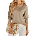 thumbnail image 1 of Womens Tops Waffle Knit Long Sleeve Notched V Neck Shirts Casual Trendy Solid Color Loose Blouses Camel XXL, 1 of 7