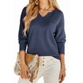 thumbnail image 1 of Womens Tops Waffle Knit Long Sleeve Notched V Neck Shirts Casual Trendy Solid Color Loose Blouses Dark Blue XXL, 1 of 6