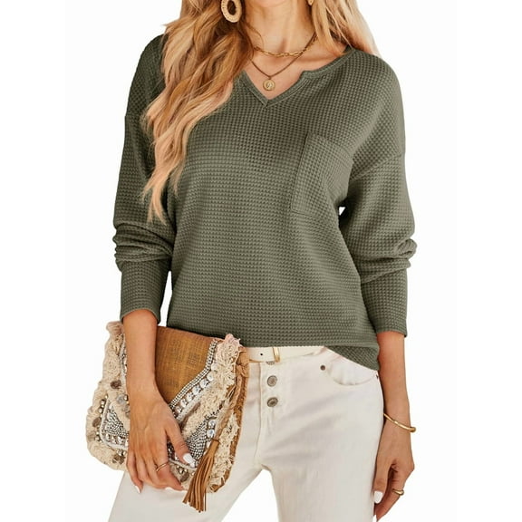 Womens Tops Waffle Knit Long Sleeve Notched V Neck Shirts Casual Trendy Solid Color Loose Blouses Green M