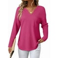 thumbnail image 1 of Womens Tops Waffle Knit Long Sleeve Notched V Neck Shirts Casual Trendy Solid Color Loose Blouses Rose Red L, 1 of 5