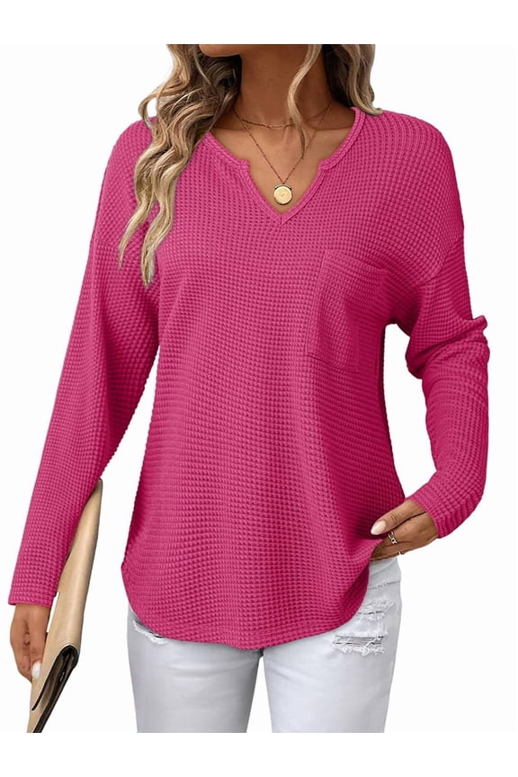 Womens Tops Waffle Knit Long Sleeve Notched V Neck Shirts Casual Trendy Solid Color Loose Blouses Rose Red L