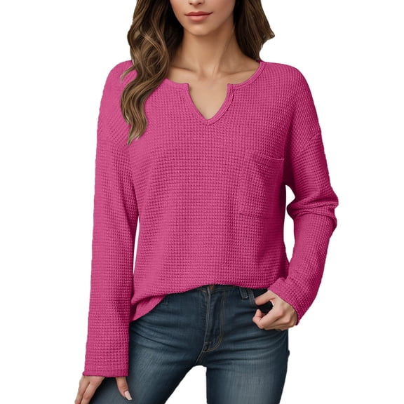 Womens Tops Waffle Knit Long Sleeve Notched V Neck Shirts Solid Color Casual Dressy Blouses Trendy Fall Henley Pullover Blouse
