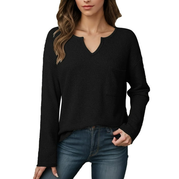 Womens Tops Waffle Knit Long Sleeve Notched V Neck Shirts Solid Color Casual Dressy Blouses Trendy Fall Henley Pullover Blouse