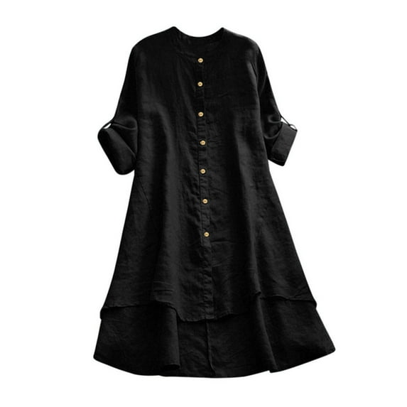 Womens Tops Women Casual Loose Linen Soild Button Long Sleeve Long Shirt Blouse Black Loose Fit Basic Blouse L