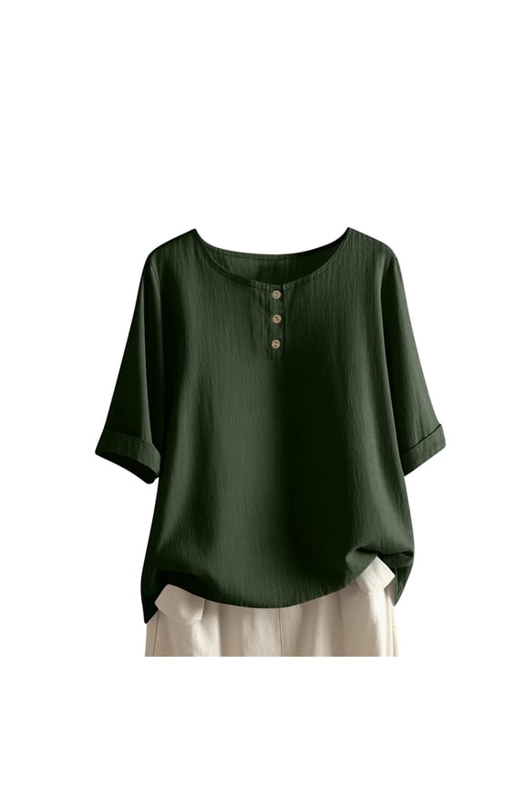 Womens Tops, Women Cotton Gauze Summer Tops 3/4 Length Sleeve Linen T Shirts Loose Fit Peasant Tunic Blouse Boho Beach Vacation Clothes Army Green XL
