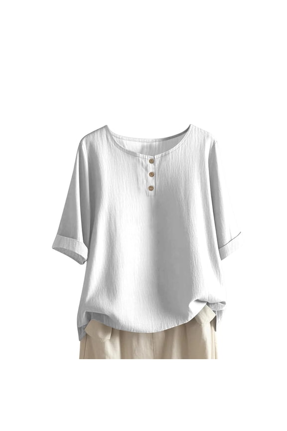 Womens Tops, Women Cotton Gauze Summer Tops 3/4 Length Sleeve Linen T Shirts Loose Fit Peasant Tunic Blouse Boho Beach Vacation Clothes White L