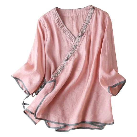Womens Tops Women Cotton Linen Shirts Chinese Embroidery 3/4 Sleeve Casual Trendy Tops Loose V Neck Side Tie Slit Blouse