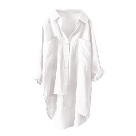 Womens Tops Women Cotton Solid Long Sleeve Shirt Casual Loose Blouse Button Down Tops