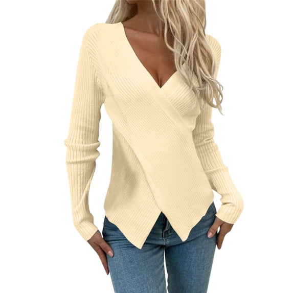 Womens Tops Women Fashion V Neck Long Sleeve Solid Color Pullover Sweater Knitting Top