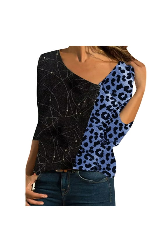 Womens Tops Women Four Seasons Casual Print Leopard Print Long-sleeved Blouse V Neck Printed Top V Neck Tie Dye T Shirts Printed Off Shoulder Sleeve Loose T-Shirt Blouse