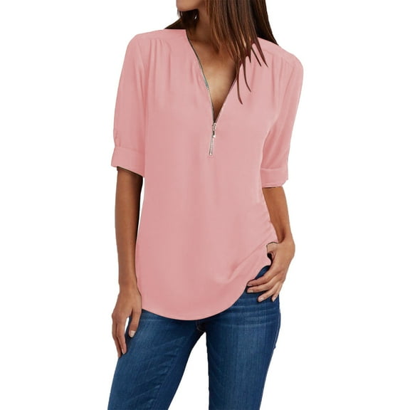 Womens Tops Women Ladies Clothing Loose Shirt Chiffon Zipper Long Sleeves Plus Size Tops