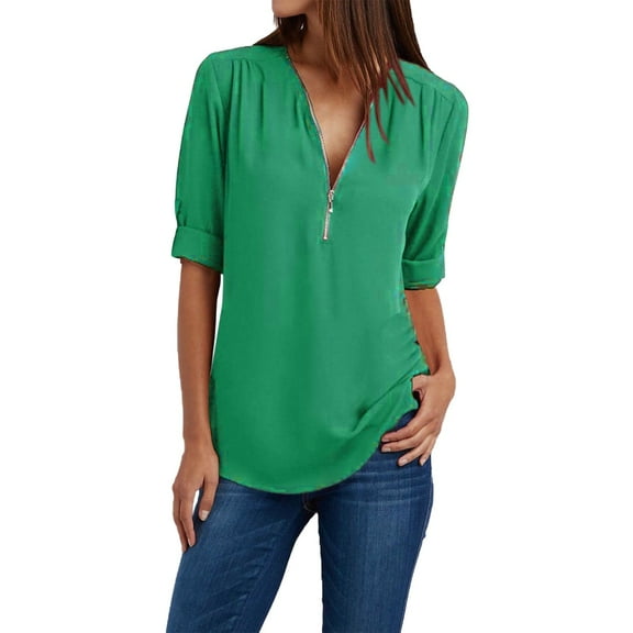 Womens Tops Women Ladies Clothing Loose Shirt Chiffon Zipper Long Sleeves Plus Size Tops