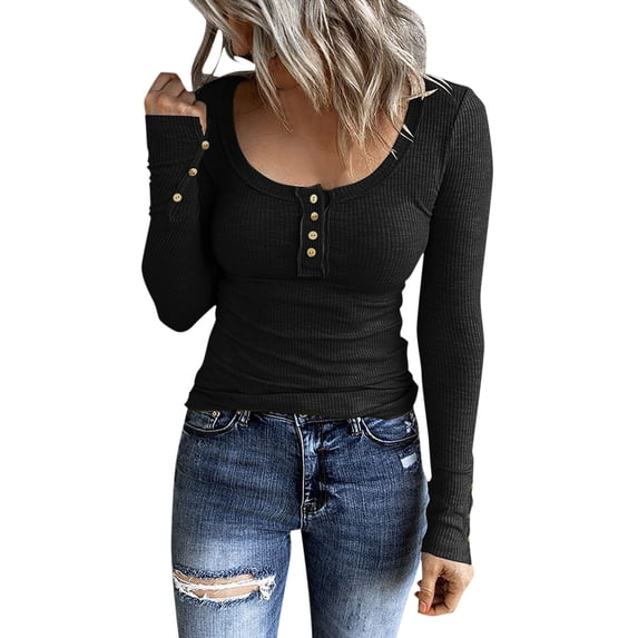 Womens Tops Women Long Sleeve Henley T Shirts Button Down Slim Fit Tops Scoop Neck Ribbed Knit Shirts