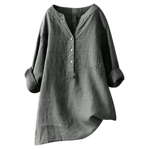 Womens Tops Women Loose Solid Linen Shirt Long Sleeve Button Up Mandarin Collar Top Womens Graphic Tunic Tee Sheer Undershirt Women Running Shirts V Neck Long Sleeve Tail Shirts for Cowboy Shir Gray L