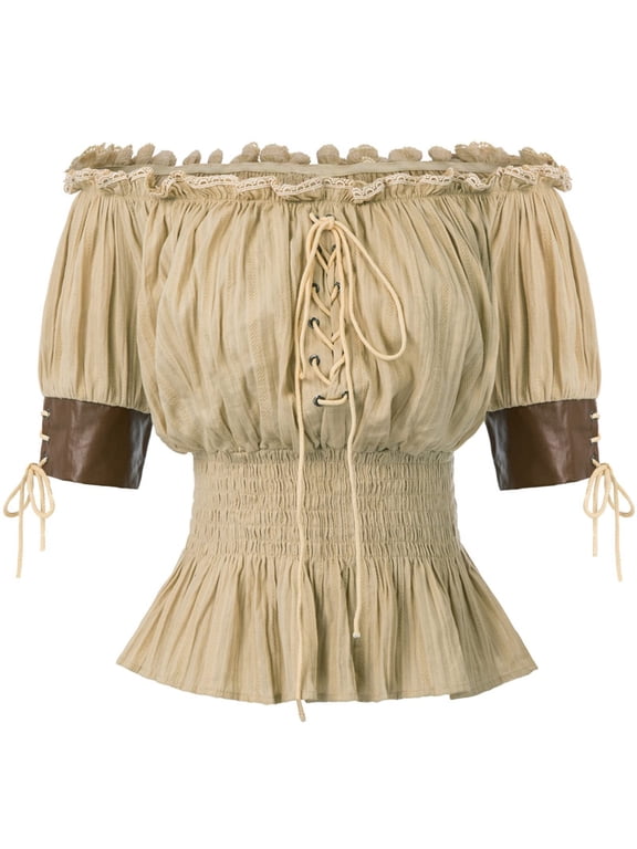 Womens Tops, Women Renaissance Shirt,Victorian Off Shoulder Peasant Blouse,Pirate Short Sleeve Smocked Tops,Ren Faire Costumes Beige M