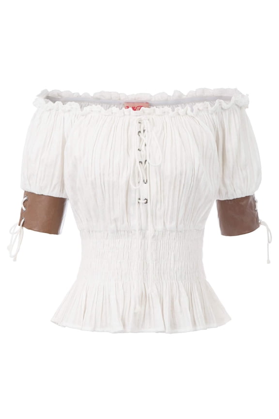 Womens Tops, Women Renaissance Shirt,Victorian Off Shoulder Peasant Blouse,Pirate Short Sleeve Smocked Tops,Ren Faire Costumes White M