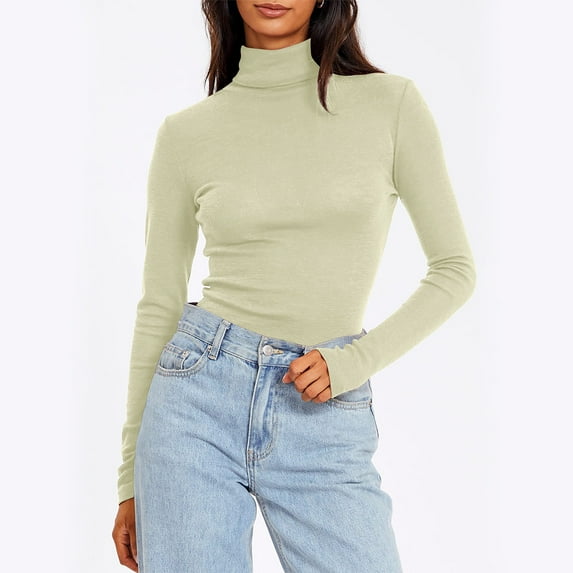Womens Tops Women'S Clothing Tops for Women Trendy Ndbuld Women's Comfortable Solid Color Tight Long Sleeve Round Neck Underlay Tops Sales Today Clearance S-5XL Beige 5XL