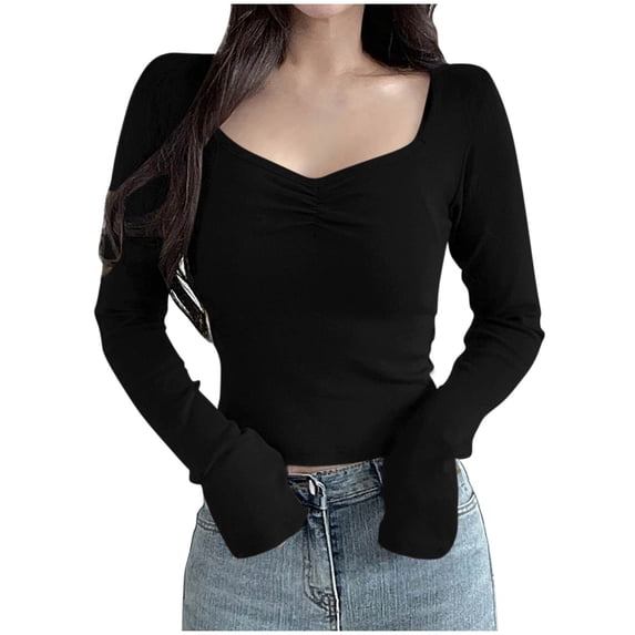 Womens Tops Women'S Clothing Tops for Women Trendy Ndbuld Pleated Shirt Women's Spring Long Sleeve T-shirt Black M
