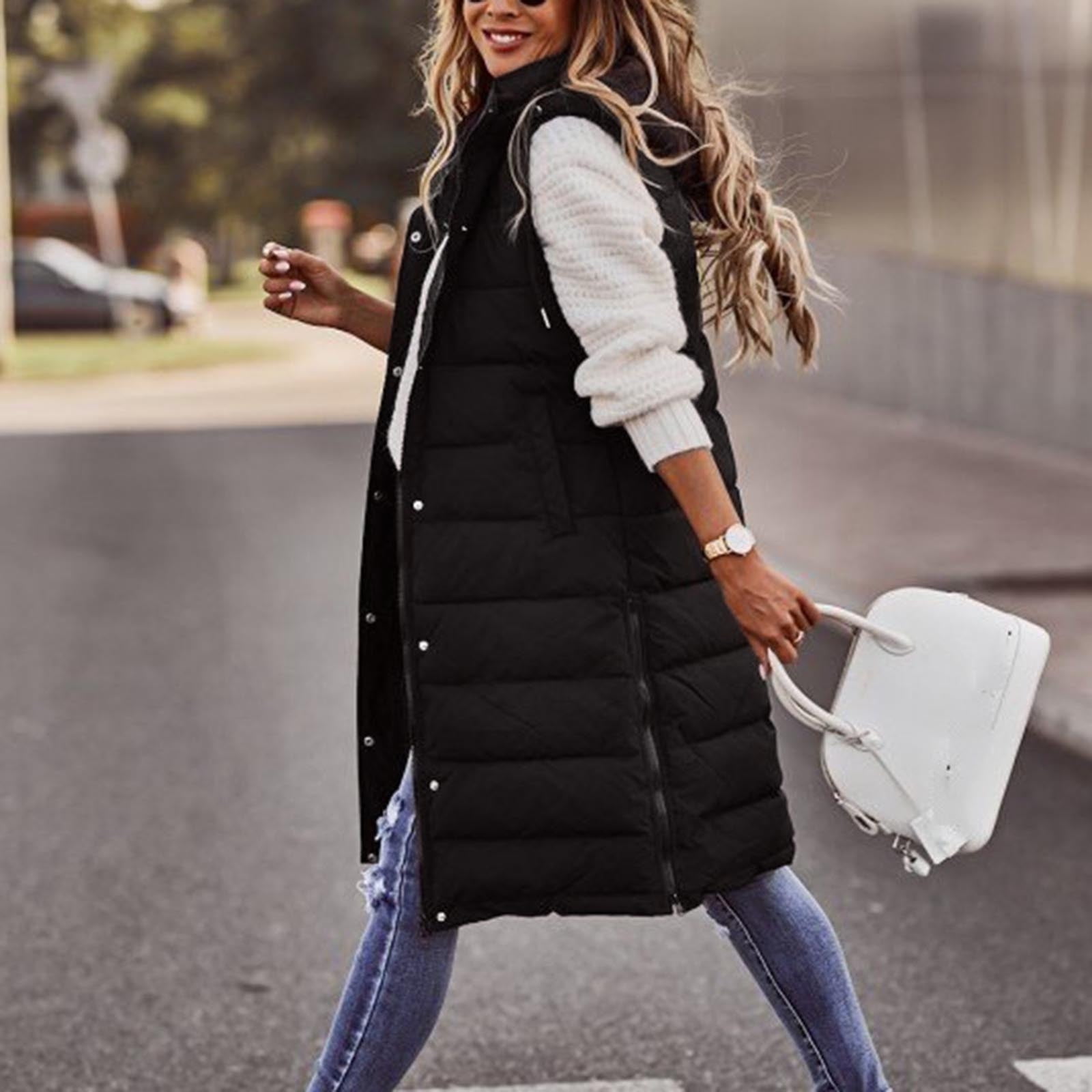 Womens Tops Women'S Long Winter Coat Vest With Hood Sleeveless Warm Down Coat With Pockets Quilted Vest Jacket Quilted Outdoor Jacket Black Dresses For Walmart.com