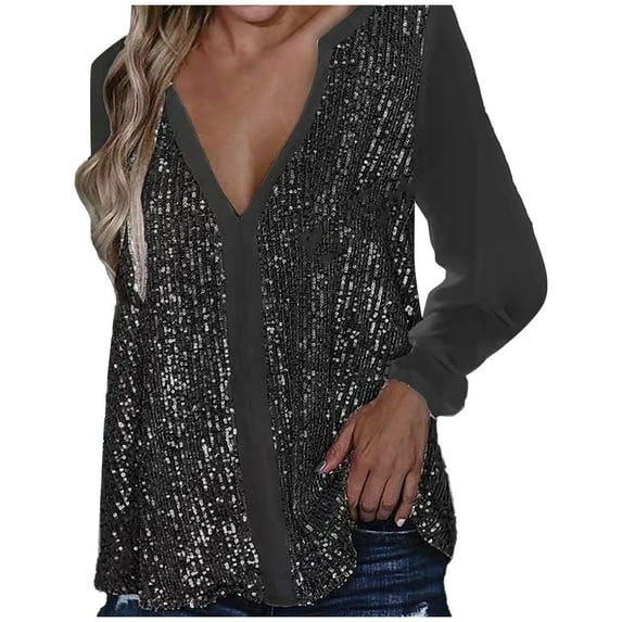 Womens Tops Women Sexy V-Neck Sequin Soild Color Long Sleeve Fold Navel Casual Blouse Black Summer Shirts Tops L