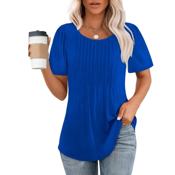 Womens Tops Women Soild Crew-Neck Cute Tee Short Sleeve Pleated Dressy Casual Scooped Neck T Shirt Tops