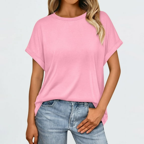 Womens Tops Women Summer T Shirts Short Ndbuld Women's Solid Color Casual Bate Sleeve Round Neck Short Sleeved Top Pink L
