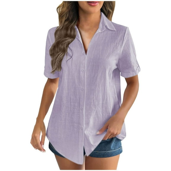 Womens Tops Women Summer T Shirts Short Ndbuld Women's Solid Color New Cotton And Linen Women's Short Sleeved Cardigan Collar Shirt S-3XL Purple L