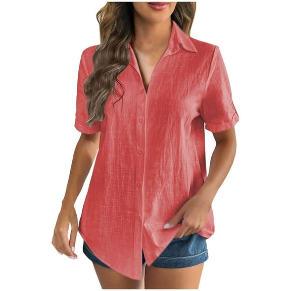 Womens Tops Women Summer T Shirts Short Ndbuld Women's Solid Color New Cotton And Linen Women's Short Sleeved Cardigan Collar Shirt S-3XL Red M