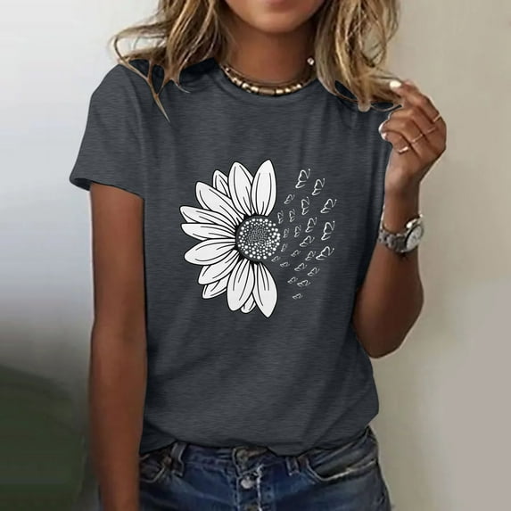 Women's T Shirts Short Sleeve Tees Sunflower Graphic Loose Summer Tops, Summer Tops for Women 2024 Gray XXL