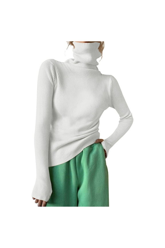 Womens Tops Women Turtleneck Ribbed Knit Sweater Top Thumb Hole Long Sleeve Mock Neck Solid Slim Fit Casual Knitted Jumper Shirts for Women