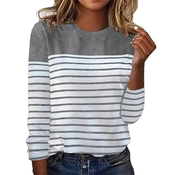 Womens Tops Women's Autumn And Winter New Long Sleeve Stripe Two Color Printed Spliced Round Neck Top T Shirt