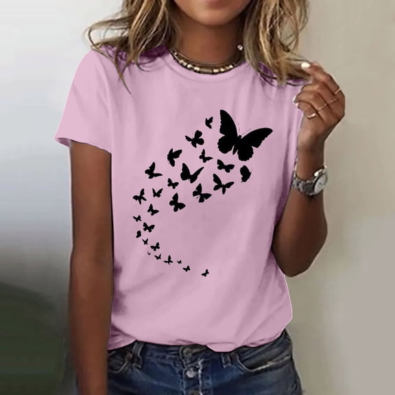 Womens Tops Women's Butterfly Print Round Neck Short Sleeve T Shirt Top Pink