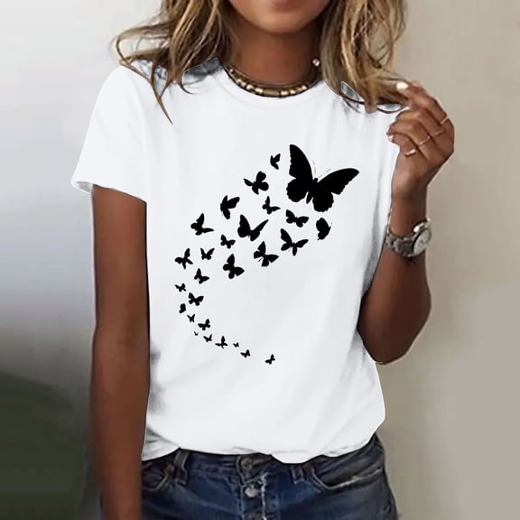 Womens Tops Women's Butterfly Print Round Neck Short Sleeve T Shirt Top White