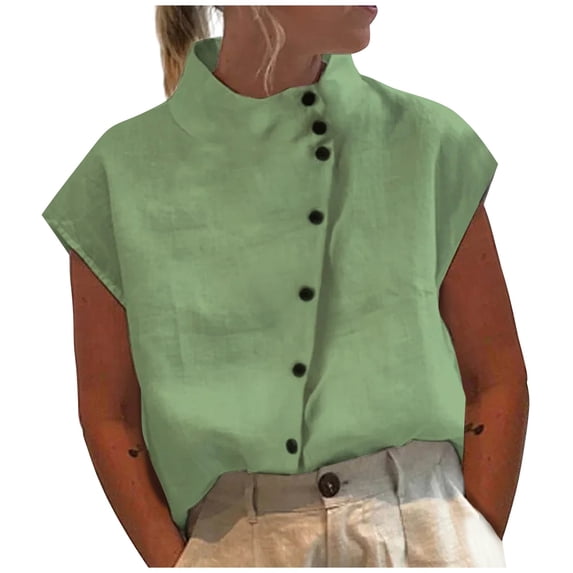 Womens Tops Women's Casual Color Cotton Linen Standing Collar Button Short Sleeved Shirt Green S